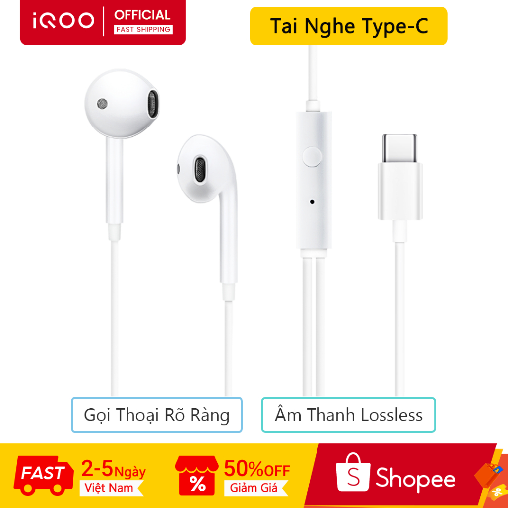 Tai nghe có dây iQOO Phiên bản Type-C có thiết kế bán tai thoải mái khi điều chỉnh chuyên nghiệp