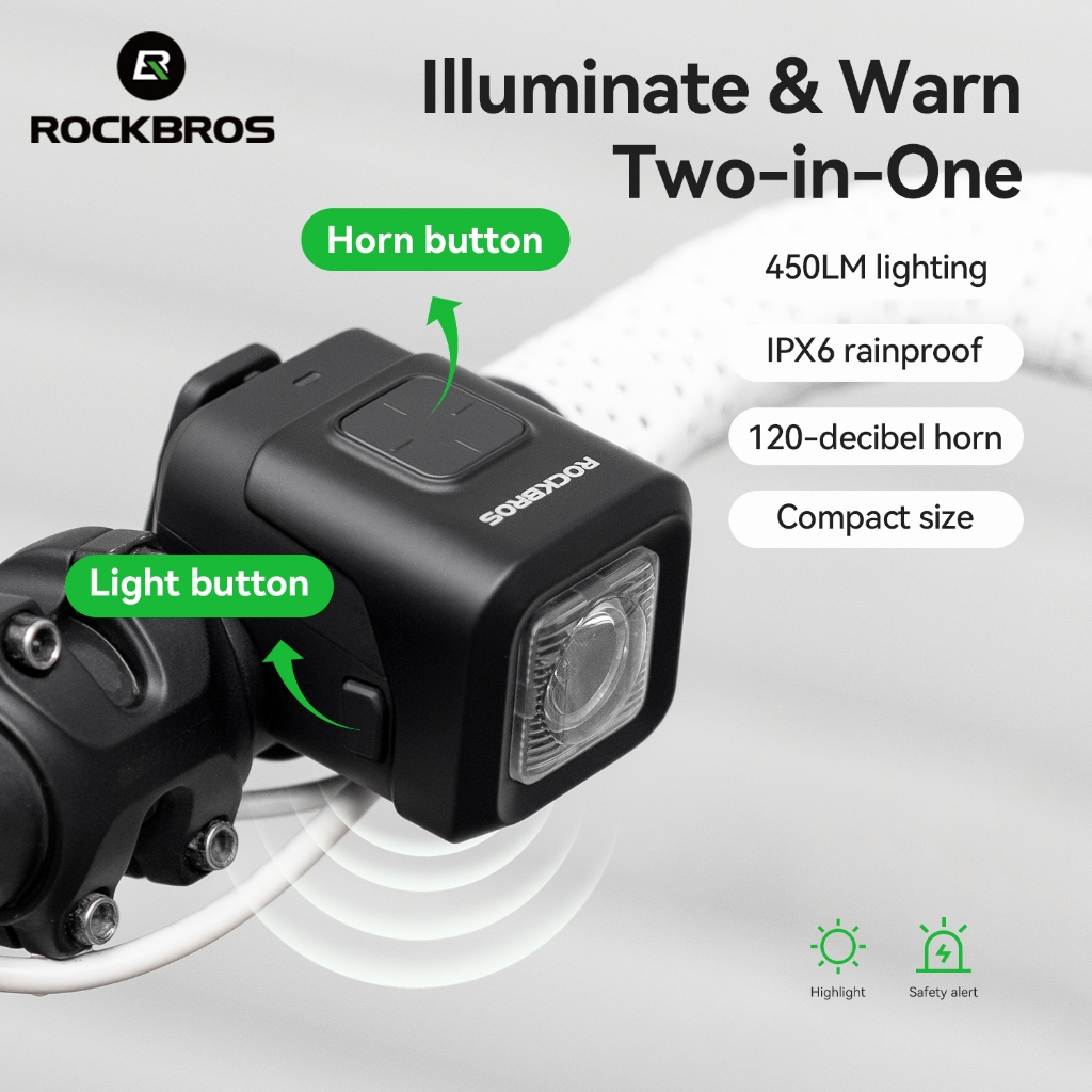 ROCKBROS Đèn Xe Đạp Mạnh Mẽ Đèn Pha Xe Đạp Sừng Chống Thấm Nước IPX6 2 Trong 1 Có Thể Điều Chỉnh MTB Xe Đạp Đường Bộ Type-C Sạc