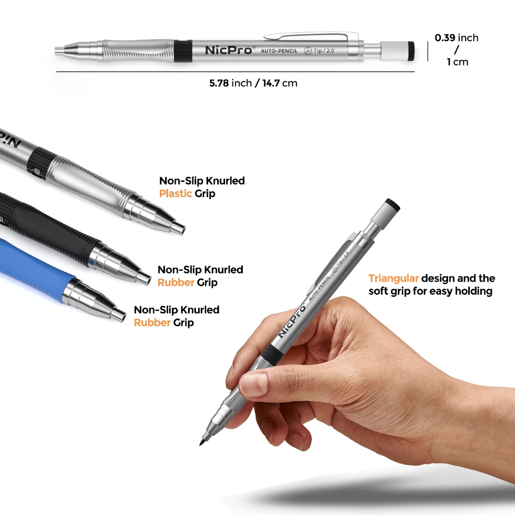 Bộ bút chì cơ 2mm Nicpro 29 miếng, 9 chiếc bút chì thợ mộc soạn thảo 2.0 mm để vẽ nghệ thuật Phác thảo xây dựng với 192 chì nạp trước HB & 2B & Màu sắc
