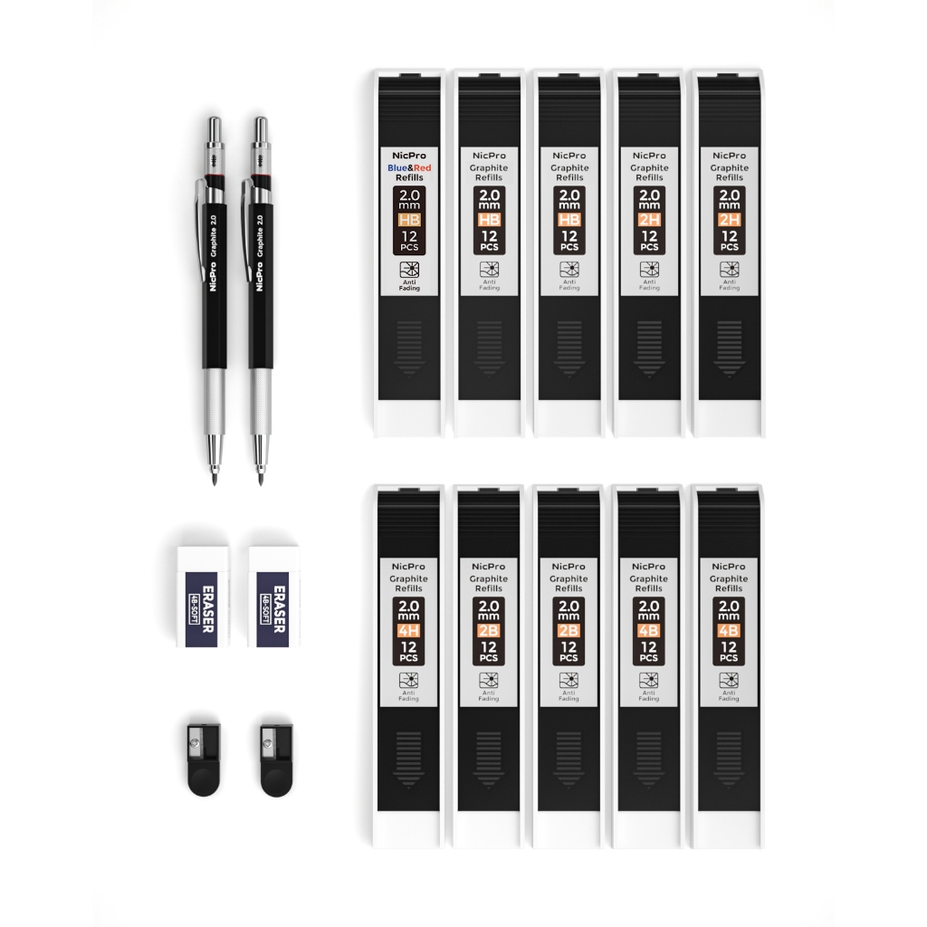 Bộ bút chì cơ khí kim loại 2mm Nicpro, 2 chiếc bút chì bút chì nghệ sĩ đánh dấu 2.0 mm với 120 bút chì nạp lại (HB 2H 4H 2B 4B & Color), 2 tẩy để soạn thảo