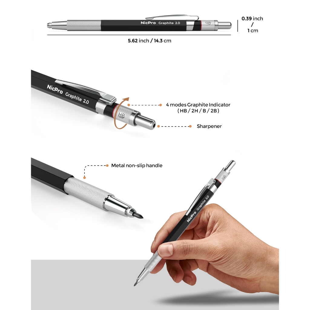 Bộ bút chì cơ khí kim loại 2mm Nicpro, 2 chiếc bút chì bút chì nghệ sĩ đánh dấu 2.0 mm với 120 bút chì nạp lại (HB 2H 4H 2B 4B & Color), 2 tẩy để soạn thảo