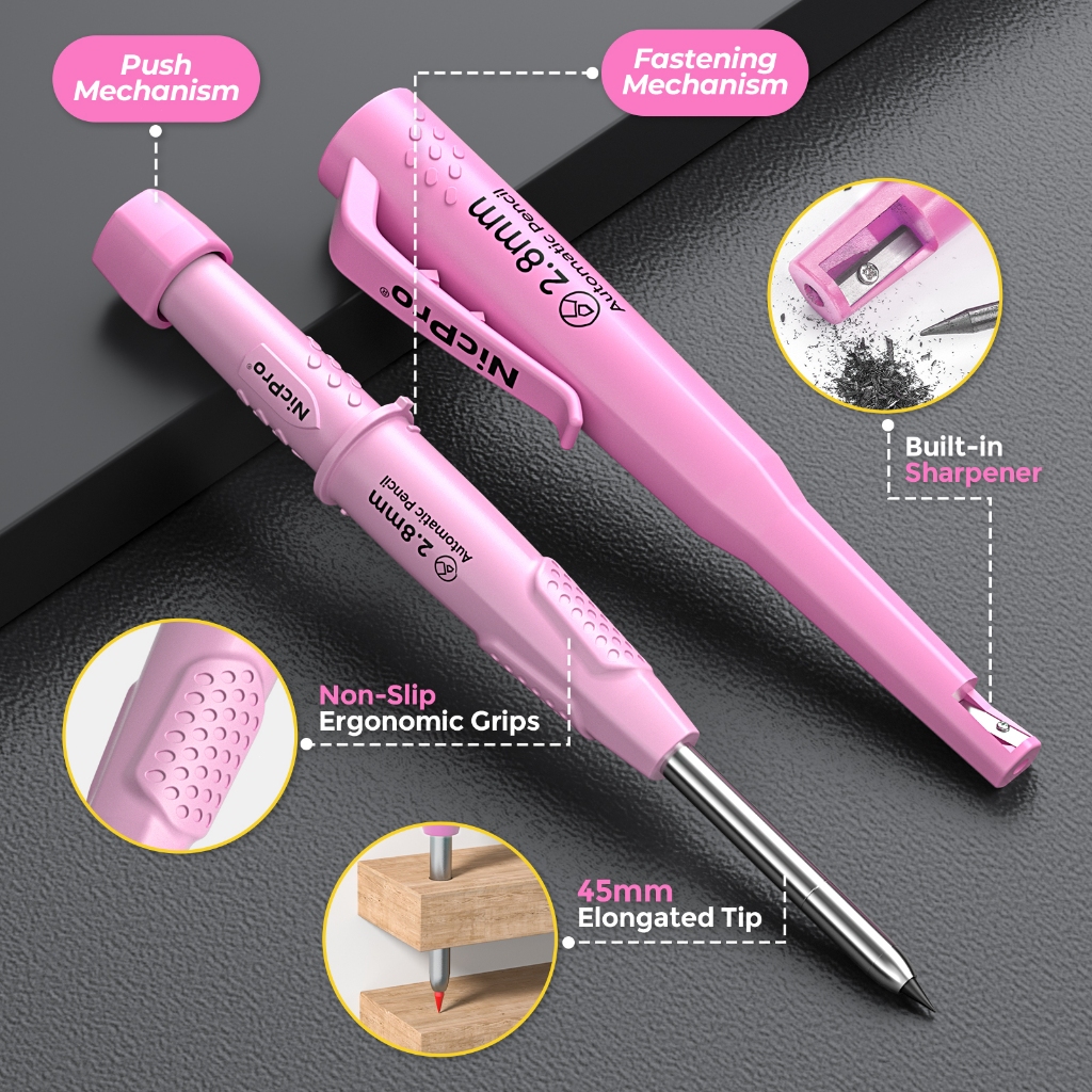 Bút chì thợ mộc Nicpro CP3000 có máy mài, Bút chì cơ xây dựng với 19 lần nạp lại, Bút chì xây dựng hạng nặng, Dụng cụ chế biến gỗ màu hồng dành cho nữ, Tuyệt vời để đánh dấu