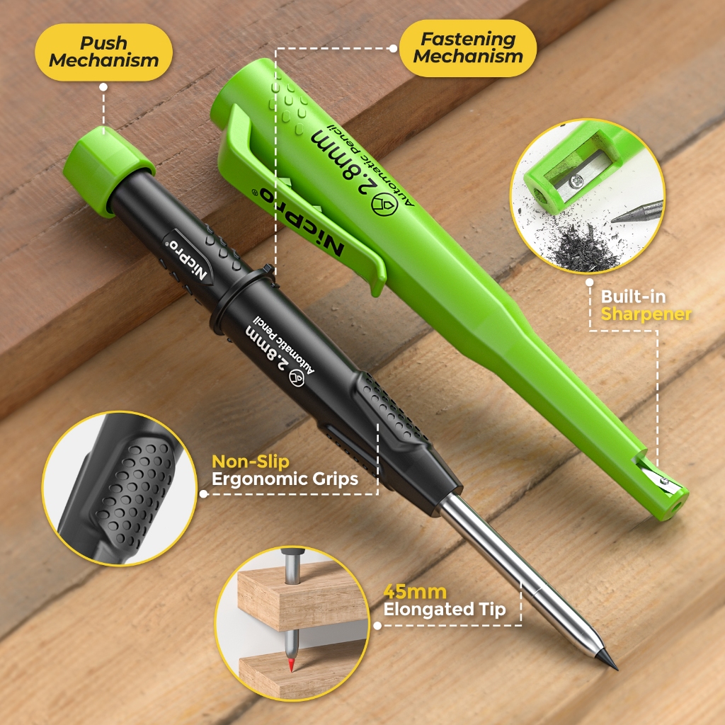 Bút chì thợ mộc Nicpro có máy mài, Bút chì cơ khí thợ mộc CP3000 với 19 lần nạp lại, Bút đánh dấu lỗ sâu để xây dựng, Bút chì xây dựng hạng nặng, Dụng cụ chế biến gỗ