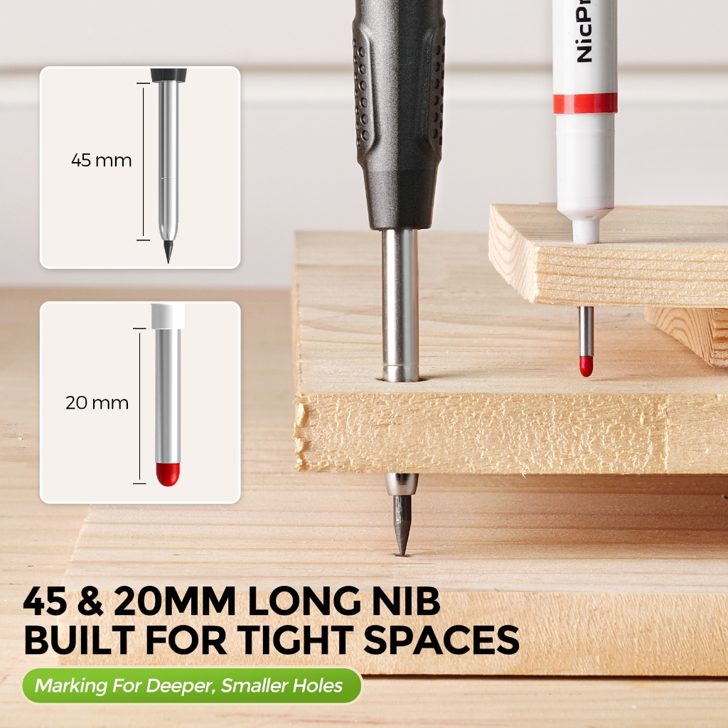Bút chì thợ mộc Nicpro có máy mài, Bút chì xây dựng CP3000 với 6 lần nạp lại trong hộp đựng chì, Bút đánh dấu lỗ sâu dài để xây dựng, Dụng cụ thợ mộc hạng nặng