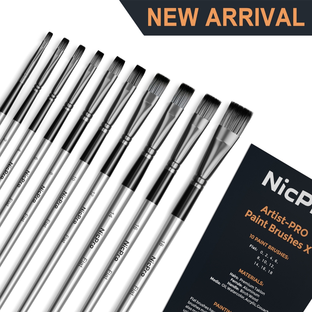 Nicpro 10 Chiếc Bộ Bàn Chải Sơn Phẳng, Bàn Chải Tranh Nghệ Thuật Cho Acrylic Màu Nước Dầu Bầu, Bộ Nghệ Sĩ Cho Trẻ Em & Người Lớn Để Vẽ Tranh Sử Dụng