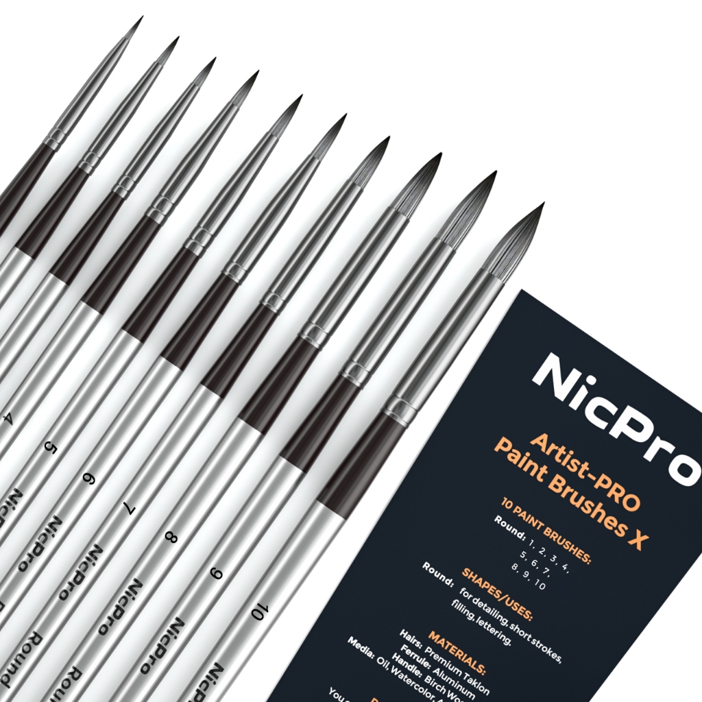 Bộ cọ sơn tròn Nicpro 10 chiếc, Bàn chải vẽ tranh nghệ sĩ cho dầu Acrylic màu nước, Bàn chải sơn nghệ thuật để vẽ tranh sử dụng