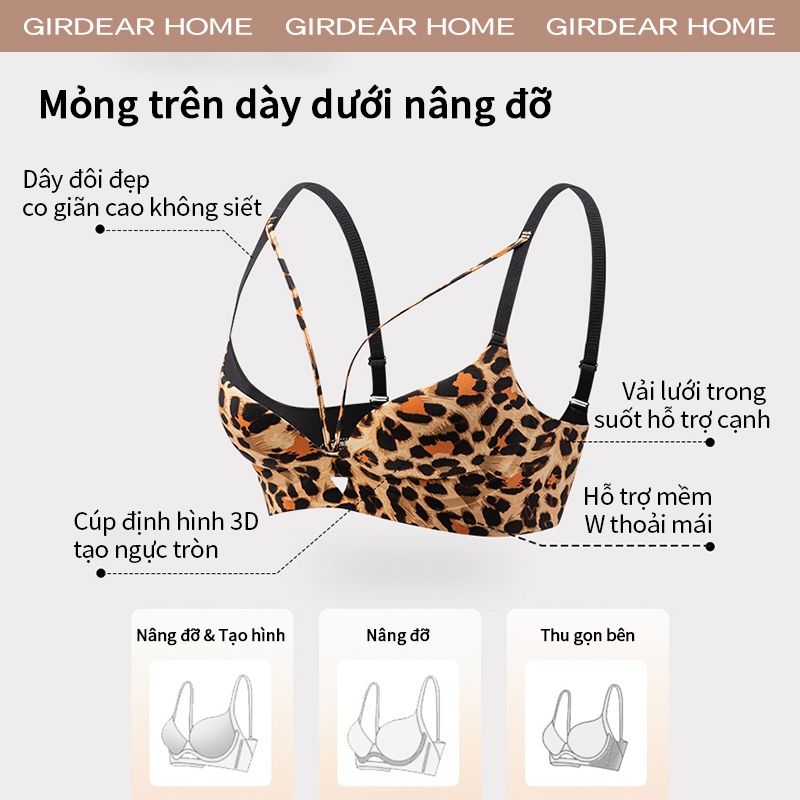 Girdear Home Girls sexy áo lót Pháp Da Báo In Mềm Hỗ Trợ Áo Ngực Thoải Mái Tập Hợp Phụ Nữ Có Thể Điều Chỉnh Gợi Cảm Thoáng Khí Không Dây Thoải Mái Đồ Lót,GH35