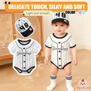 Bộ trang phục bóng chày cho trẻ sơ sinh Toyskid8, Bộ đồ liền thân mềm mại sọc Yankees có mũ & tất, Quần áo trẻ sơ sinh có nút ngắn tay 0-24M