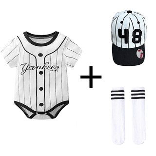 Bộ trang phục bóng chày cho bé sơ sinh Toyskid8 - Áo liền quần sọc Yankees + Mũ + Tất, Quần áo trẻ sơ sinh mềm mại mượt cho bé 0-12 tháng tuổi