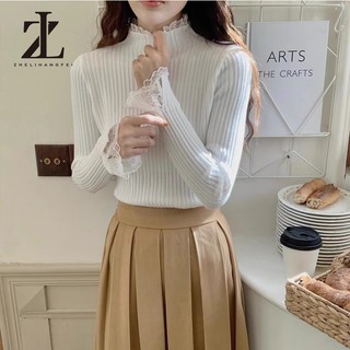 ZHELIHANGFEI Áo len dệt kim dài tay ren chắp vá nửa cổ cao mùa thu Hàn Quốc