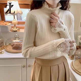 ZHELIHANGFEI Áo len dệt kim dài tay ren chắp vá nửa cổ cao mùa thu Hàn Quốc