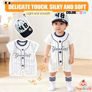 Bộ trang phục bóng chày cho bé sơ sinh Toyskid8 - Áo liền quần sọc Yankees + Mũ + Tất, Quần áo trẻ sơ sinh mềm mại mượt cho bé 0-12 tháng tuổi