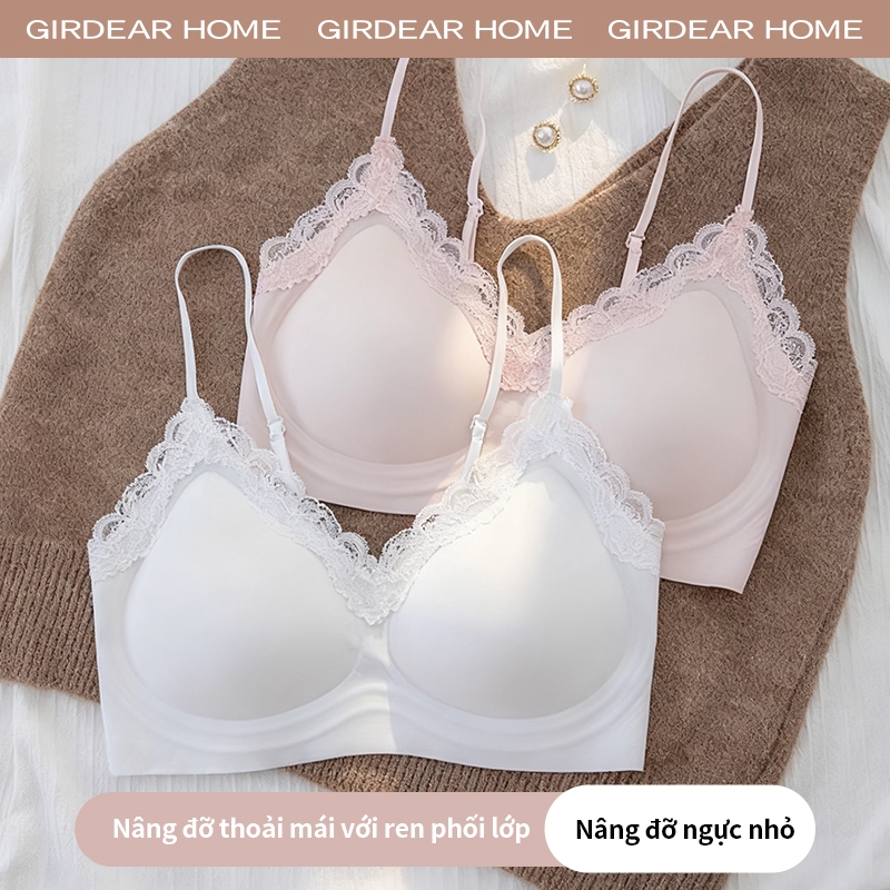 Girderear Home hở lưng áo lót sexy thoáng khí Wireless French Deep V Small Bust Push Up Áo ngực kiểu Cami dành cho nữ Ren siêu mỏng liền mạch chống chảy xệ Đồ lót thoải mái,GH39