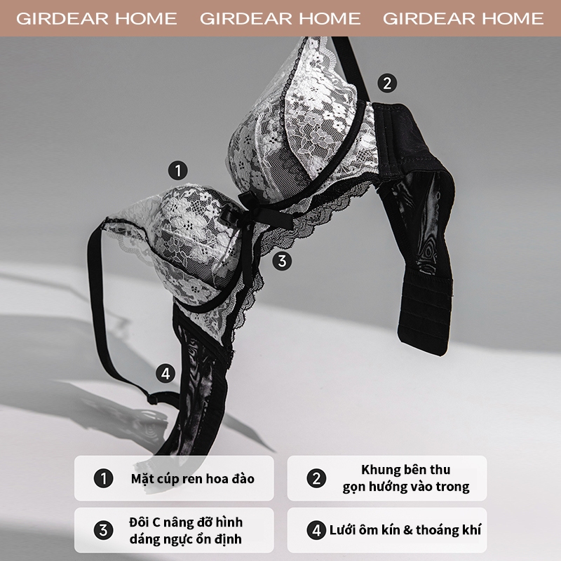 Girdear Home Nhà Phụ Nữ Thêu Sang Trọng Ren Gợi Cảm Áo Ngực Nhỏ Ngọt Ngào Siêu Tập Hợp Áo Ngực Không Dây Có Thể Điều Chỉnh Định Hình Quần Lót Thoáng Khí,GH40