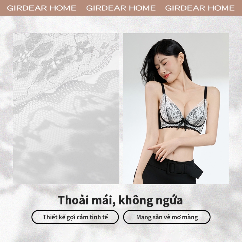 Girdear Home Nhà Phụ Nữ Thêu Sang Trọng Ren Gợi Cảm Áo Ngực Nhỏ Ngọt Ngào Siêu Tập Hợp Áo Ngực Không Dây Có Thể Điều Chỉnh Định Hình Quần Lót Thoáng Khí,GH40