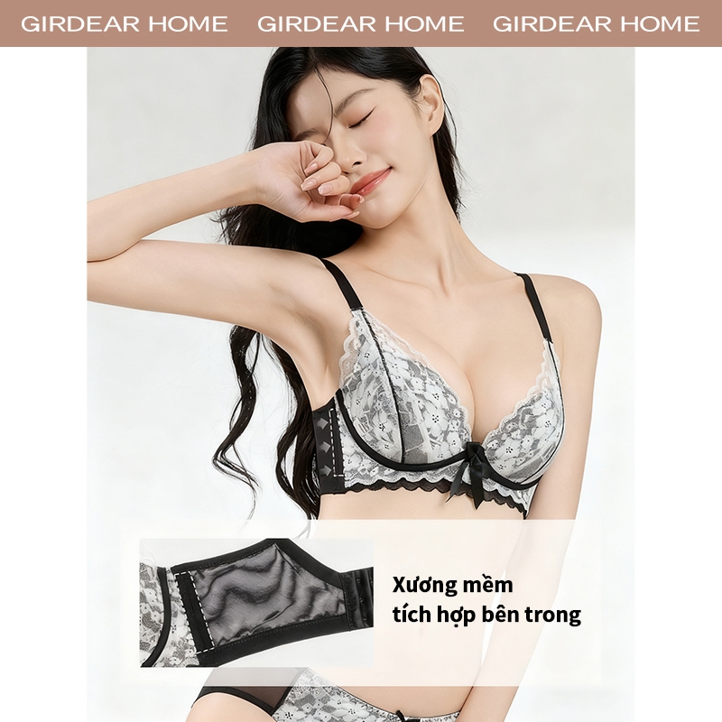 Girdear Home Nhà Phụ Nữ Thêu Sang Trọng Ren Gợi Cảm Áo Ngực Nhỏ Ngọt Ngào Siêu Tập Hợp Áo Ngực Không Dây Có Thể Điều Chỉnh Định Hình Quần Lót Thoáng Khí,GH40