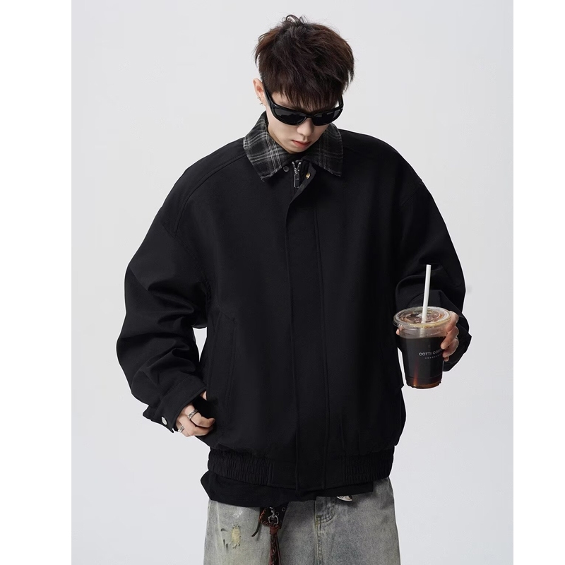 Áo Khoác Bomber Mỏng Nâu Cà Phê Cổ Lật Nối Caro Phong Cách Retro Mỹ Unisex