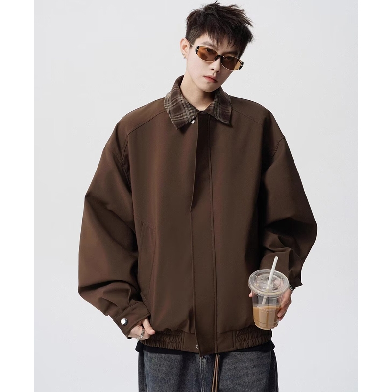 Áo Khoác Bomber Mỏng Nâu Cà Phê Cổ Lật Nối Caro Phong Cách Retro Mỹ Unisex