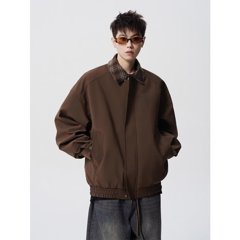 Áo Khoác Bomber Mỏng Nâu Cà Phê Cổ Lật Nối Caro Phong Cách Retro Mỹ Unisex