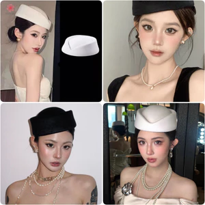 MJnmc Mũ nồi vintage màu đen kiểu flat top, phụ kiện tóc cho tiếp viên hàng không