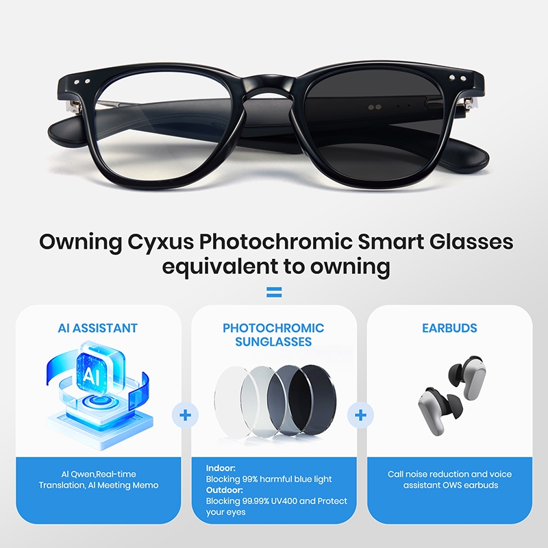 Cyxus Kính Thông Minh AI Ghi Âm Chuyển Văn Bản Họp Dịch 144 Ngôn Ngữ Pin 11 Giờ Điều Khiển Giọng Nói Gọi HD Công Tác AI8324