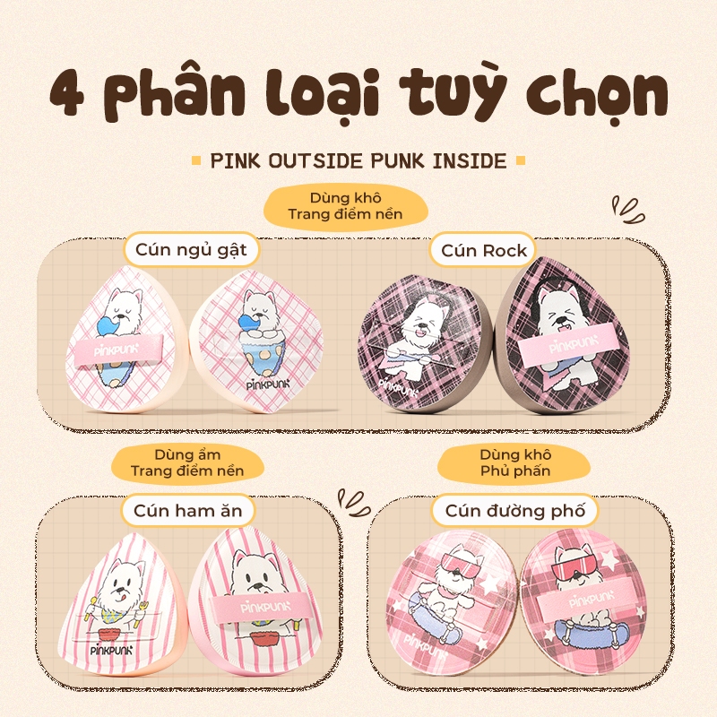 Bông Mút Trang Điểm PinkPunk Cute Doggy Set Mềm Mại Đàn Hồi Cao Dễ Tán & Không Hút Nền Tặng Kèm Hộp Đựng
