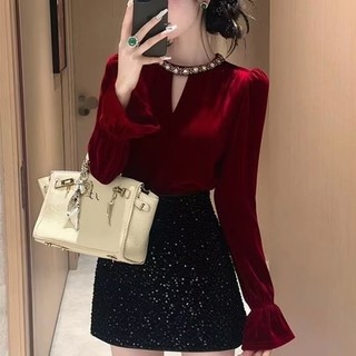 Áo sơ mi nhung dáng rộng phong cách Hàn Quốc mùa thu