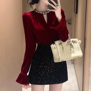 Áo sơ mi nhung dáng rộng phong cách Hàn Quốc mùa thu