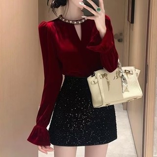 Áo sơ mi nhung dáng rộng phong cách Hàn Quốc mùa thu
