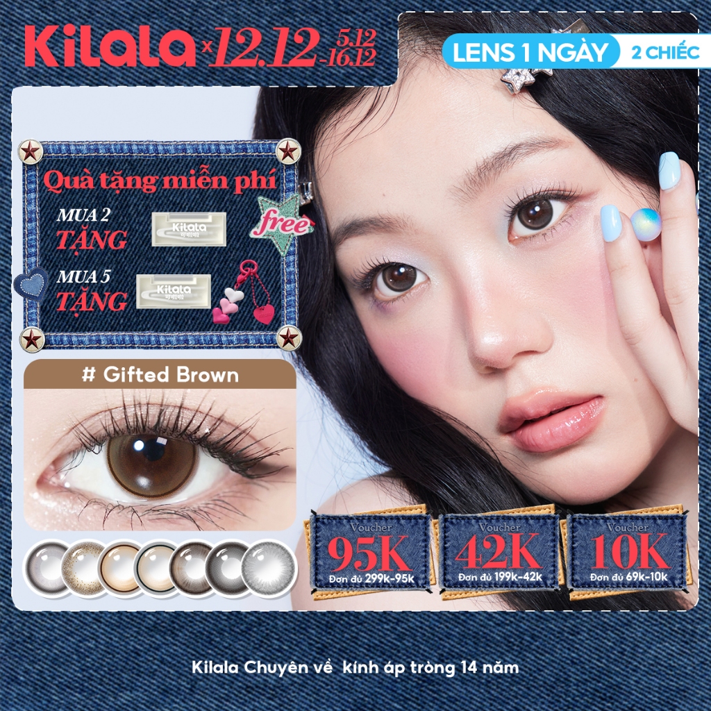 Kính áp tròng Kilala lens 1 ngày màu xám  DIA 14.0mm 14.2mm 14.5mm và màu xám Twinkle Brown，Ice Peach Grey，Gifted Brown，lens cận 1 ngày có độ (0-7) 2 chiếc