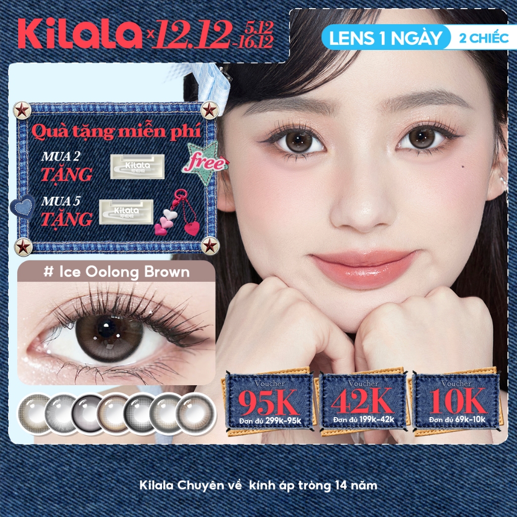 Kính áp tròng Kilala lens 1 ngày màu xám  DIA 14.0mm 14.2mm 14.5mm và màu xám Ice Oolong Brown，Ice Peach Grey，Felinae Grey，Top Heroine Purple lens cận 1 ngày có độ (0-7) 2 chiếc