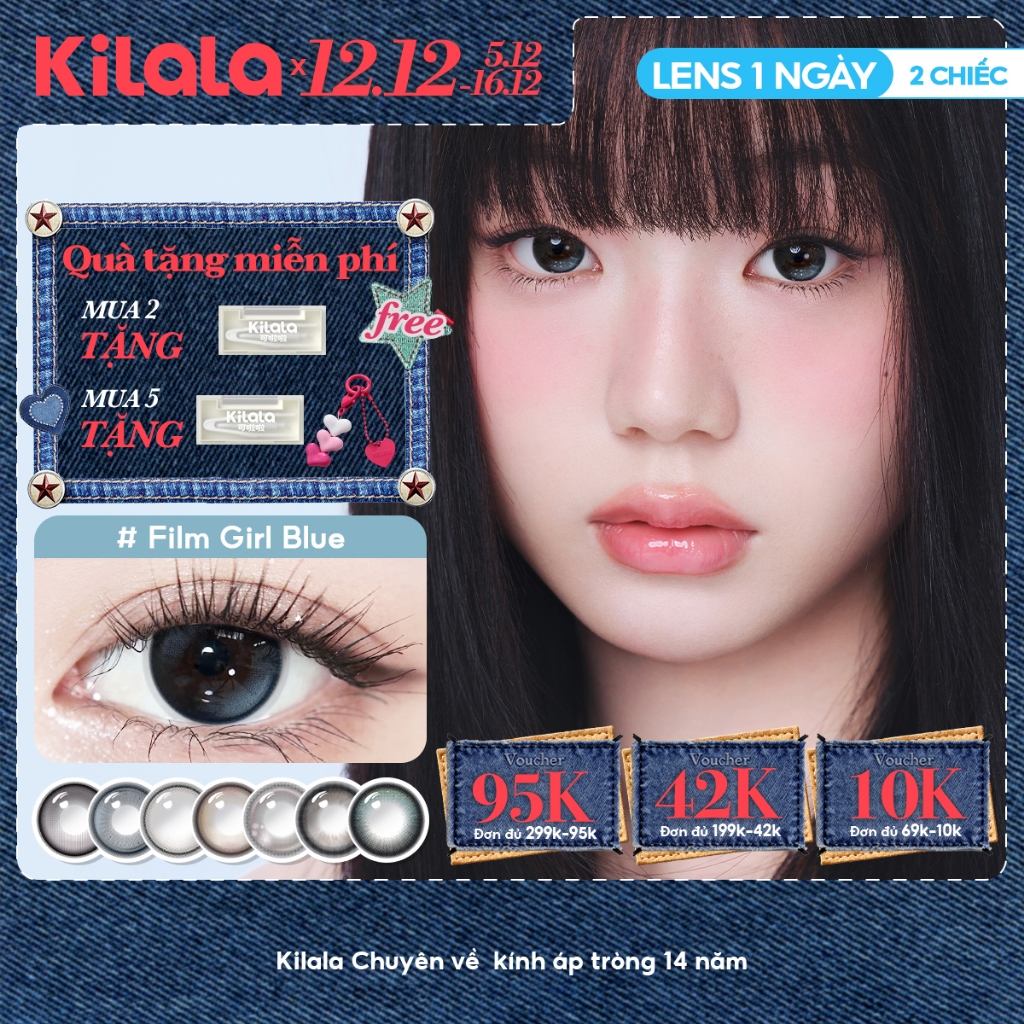 Kính áp tròng Kilala lens 1 ngày màu xám  DIA 14.0mm 14.2mm 14.5mm Filmgirl Blue  Lychee Grey  Heroine Purple và màu xám  lens cận  có độ (0-7) 2 chiếc