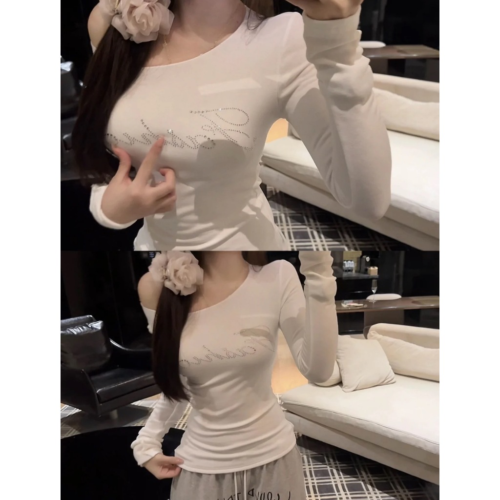 [BANKO] Phiên Bản Hàn Quốc Nữ Thu Đông Phong Cách Mới Slim-fit Ôm Hơn Nhìn chéo Vai Chữ Kim Cương Cổ Tròn Trắng Dài Tay