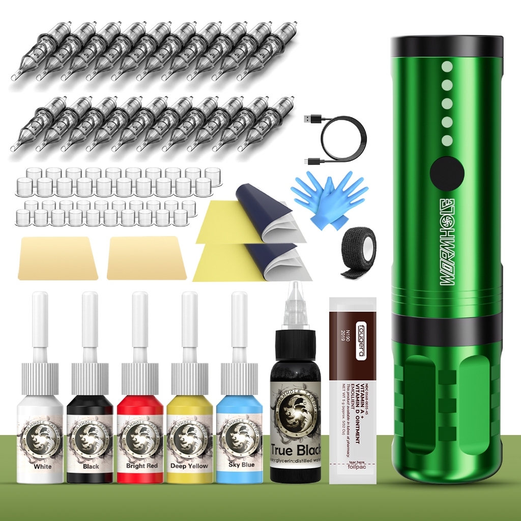 Bộ bút xăm xoay không dây màu xanh lá cây | 20 Kim Xăm + 6 Chai Mực + Da Thực Hành | Đồ dùng xăm chuyên nghiệp dành cho hình xăm phác thảo / khói