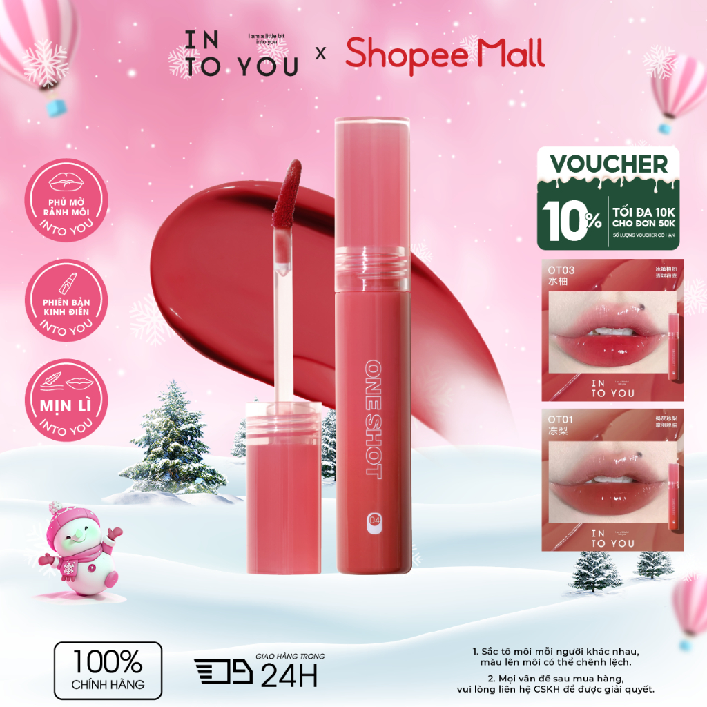 Son Bóng Mở Nắp INTO YOU Hiệu Ứng Bóng Gương Môi Căng Mọng Bền Màu Không Dính Cốc OT01 2.2g