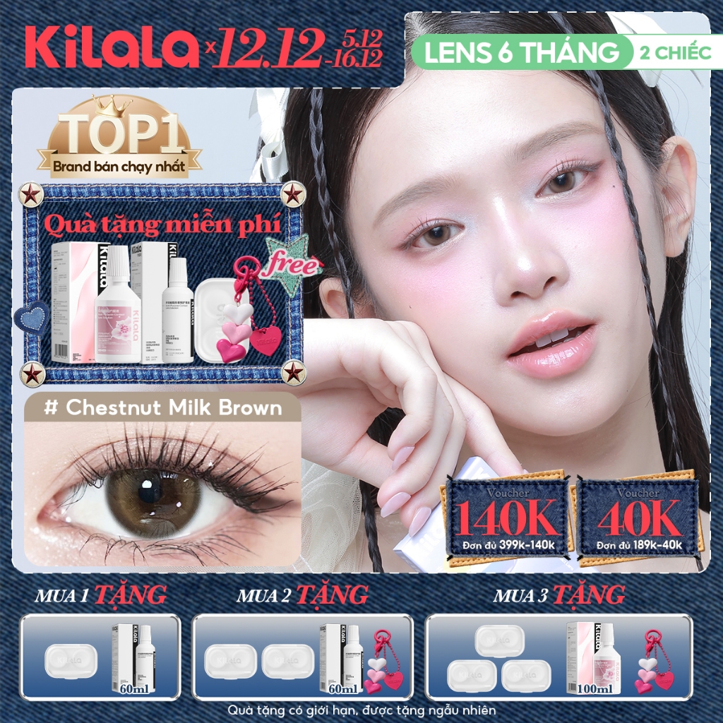 Kính áp tròng Kilala màu nâu Chestnut Milk Brown/Whiskey Brown lens cận 6 tháng DIA 14.2mm có độ (0-8) 1 cặp