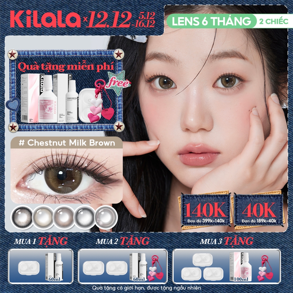 Kính áp tròng Kilala màu nâu Chestnut Milk Brown/ Yay Radiowave Black/White Peach Brownlens cận 6 tháng DIA 14.2mm  14.5mm có độ (0-7) 1 cặp