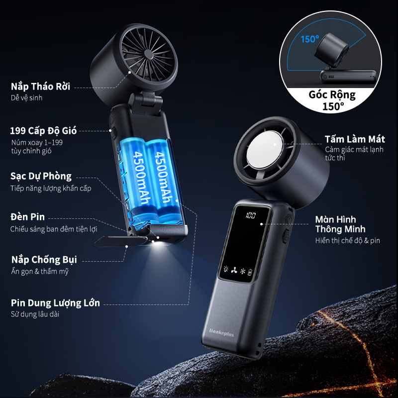 TiankePlus Quạt Cầm Tay Có Sò Lạnh 6 trong 1 TF50 Max – Gió Turbo Mạnh, Gấp Gọn, Quạt Mini Sò Lạnh, Quạt Tích Điện Mini Pin 9000mAh, Có Sạc Dự Phòng & Đèn Pin | BigBuy360 - bigbuy360.vn
