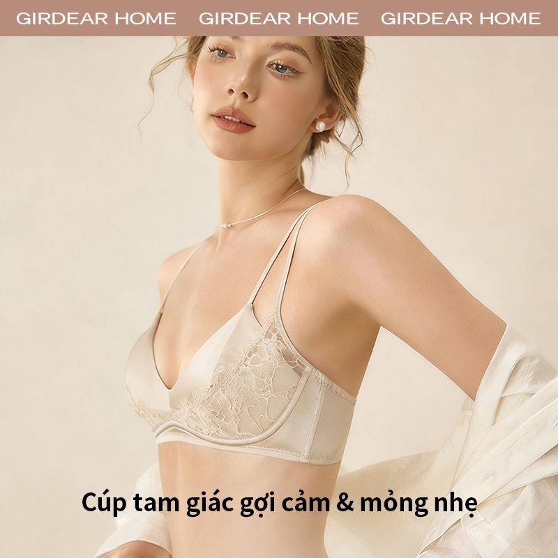 Girdear Home Áo Ngực Cúp Tam Giác Kiểu Pháp - Tơ Tằm Siêu Mỏng Thở Thoáng Không Xương Sắt, Satin Phối Ren V Sâu Hấp Dẫn Thoải Mái,GH52