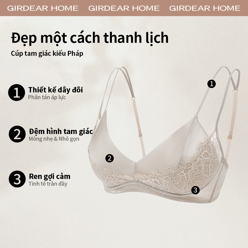 Girdear Home Áo Ngực Cúp Tam Giác Kiểu Pháp - Tơ Tằm Siêu Mỏng Thở Thoáng Không Xương Sắt, Satin Phối Ren V Sâu Hấp Dẫn Thoải Mái,GH52