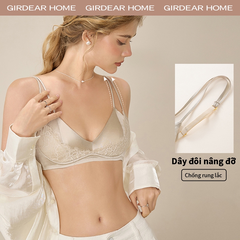 Girdear Home Áo Ngực Cúp Tam Giác Kiểu Pháp - Tơ Tằm Siêu Mỏng Thở Thoáng Không Xương Sắt, Satin Phối Ren V Sâu Hấp Dẫn Thoải Mái,GH52