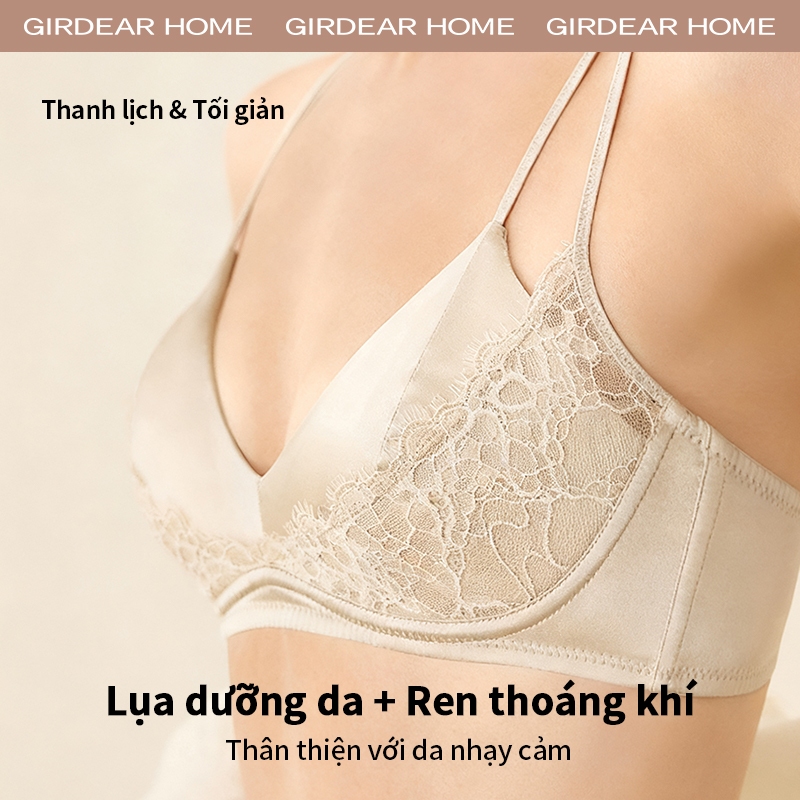 Girdear Home Áo Ngực Cúp Tam Giác Kiểu Pháp - Tơ Tằm Siêu Mỏng Thở Thoáng Không Xương Sắt, Satin Phối Ren V Sâu Hấp Dẫn Thoải Mái,GH52