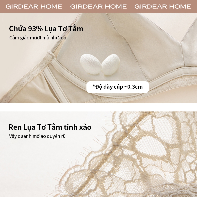 Girdear Home Áo Ngực Cúp Tam Giác Kiểu Pháp - Tơ Tằm Siêu Mỏng Thở Thoáng Không Xương Sắt, Satin Phối Ren V Sâu Hấp Dẫn Thoải Mái,GH52
