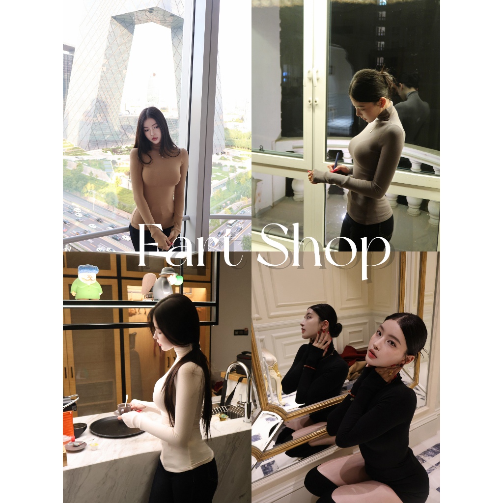 [BANKO] Áo sơ mi nữ Hàn Quốc dáng ôm, cổ cao, tay dài, màu đen, co giãn, phù hợp thu đông