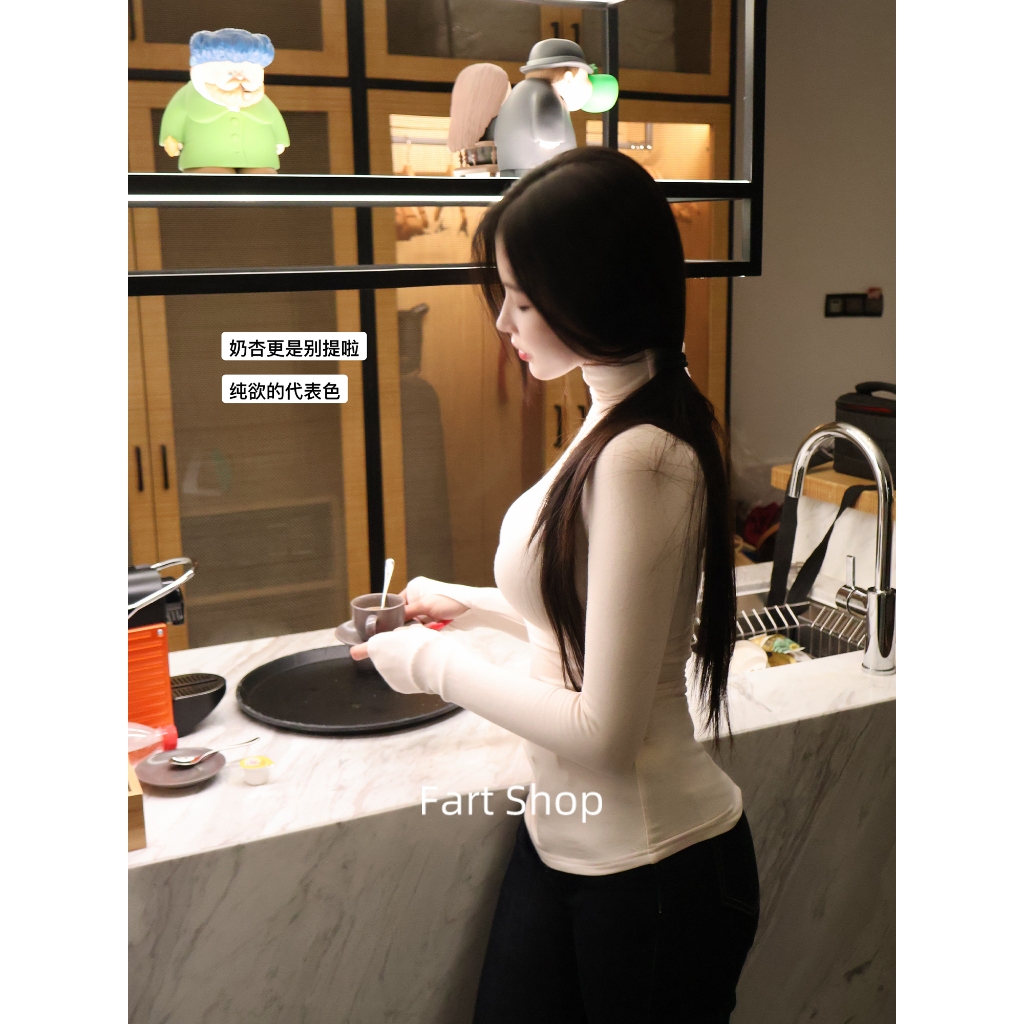 [BANKO] Áo sơ mi nữ Hàn Quốc dáng ôm, cổ cao, tay dài, màu đen, co giãn, phù hợp thu đông