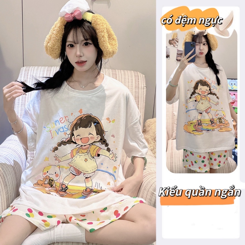 【Bông 100% + Miếng lót】Bộ đồ ngủ hè mỏng – In hoạt hình xinh xắn – Phong cách ngọt ngào – Tay ngắn + quần short – Mặc được quanh năm – Đồ mặc nhà nữ