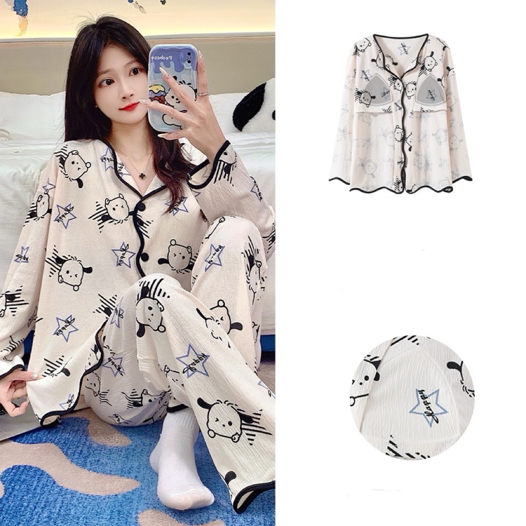 【Bộ 3 món có miếng độn ngực】Bộ đồ ngủ mặc nhà mùa hè cotton 100% – Áo tay ngắn + quần đùi + quần dài – Cổ đeo dáng cài khuy, thời trang, dễ phối, hot trend bán chạy.
