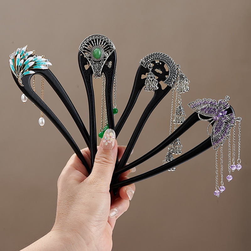 Kẹp tóc gỗ chữ U bằng cây mun, phù hợp cuộn tóc và trang phục cổ