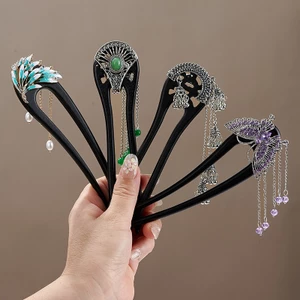 Kẹp tóc gỗ chữ U bằng cây mun, phù hợp cuộn tóc và trang phục cổ