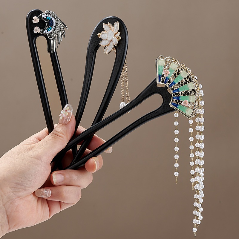 Kẹp tóc gỗ chữ U bằng cây mun, phù hợp cuộn tóc và trang phục cổ